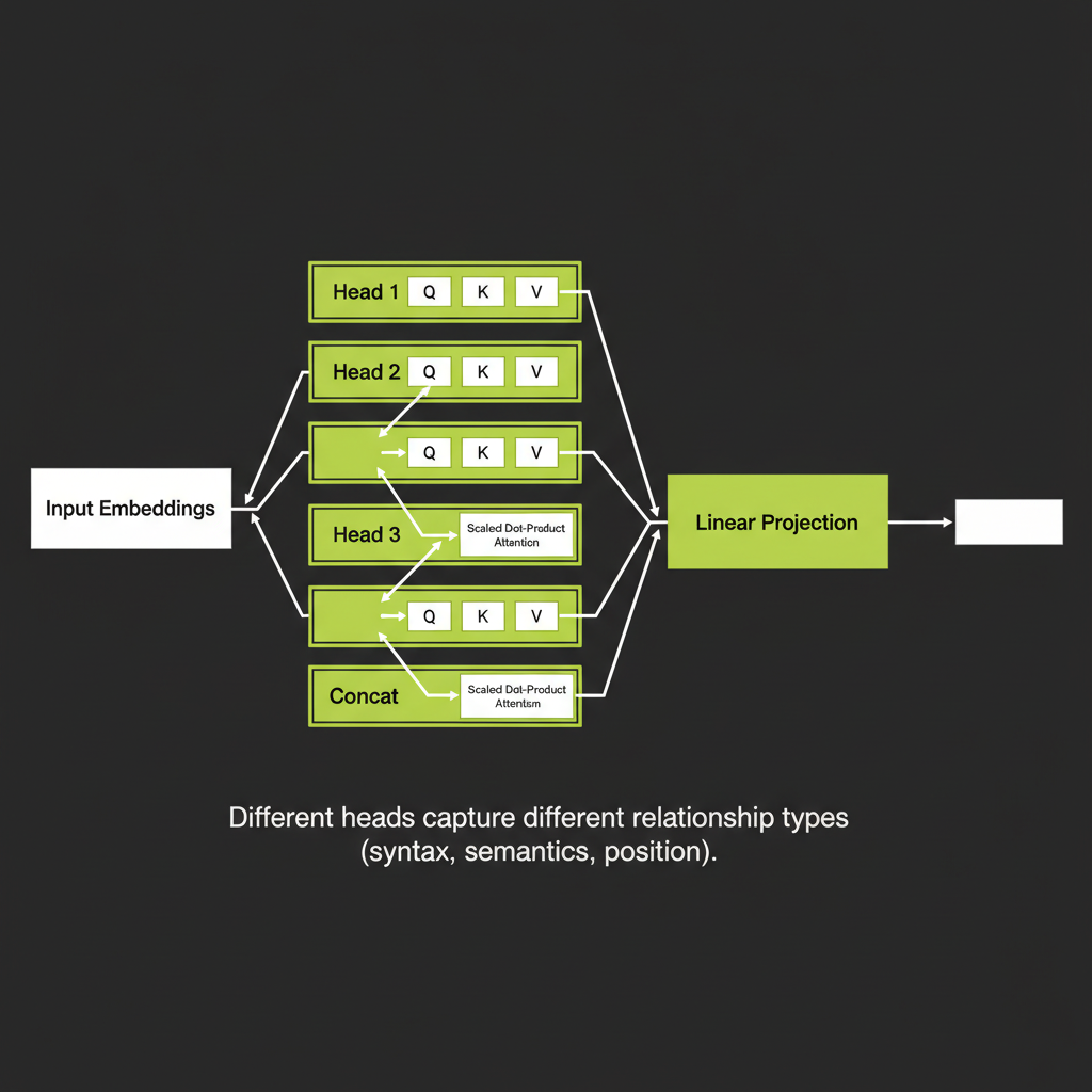 Multi-head attention: parallel heads merging into projected output, showing how different heads capture different relationship types