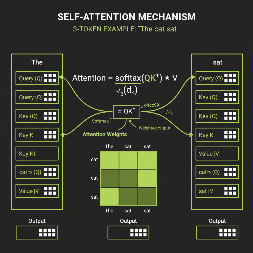 Self-attention mechanism detail: Q, K, V matrices with example 3-token sentence showing attention weight computation