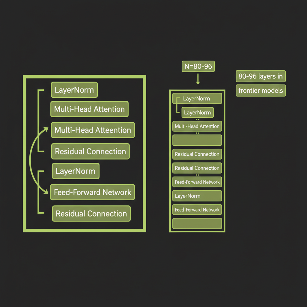 Transformer block stack: single block diagram with residual connections, then show N blocks stacked with layer normalization