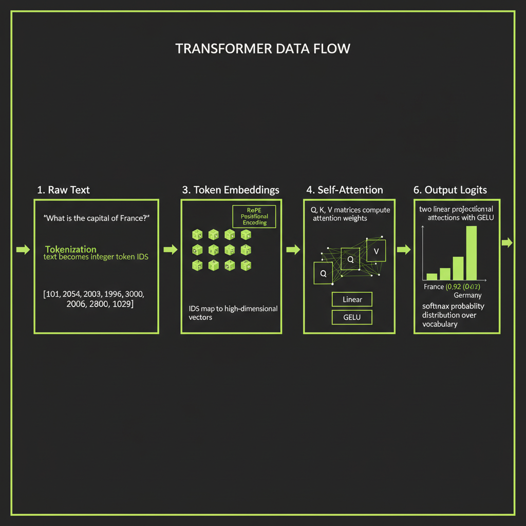 Full transformer data flow: text to tokens to embeddings to attention to feed-forward to output logits, annotated horizontal flow diagram