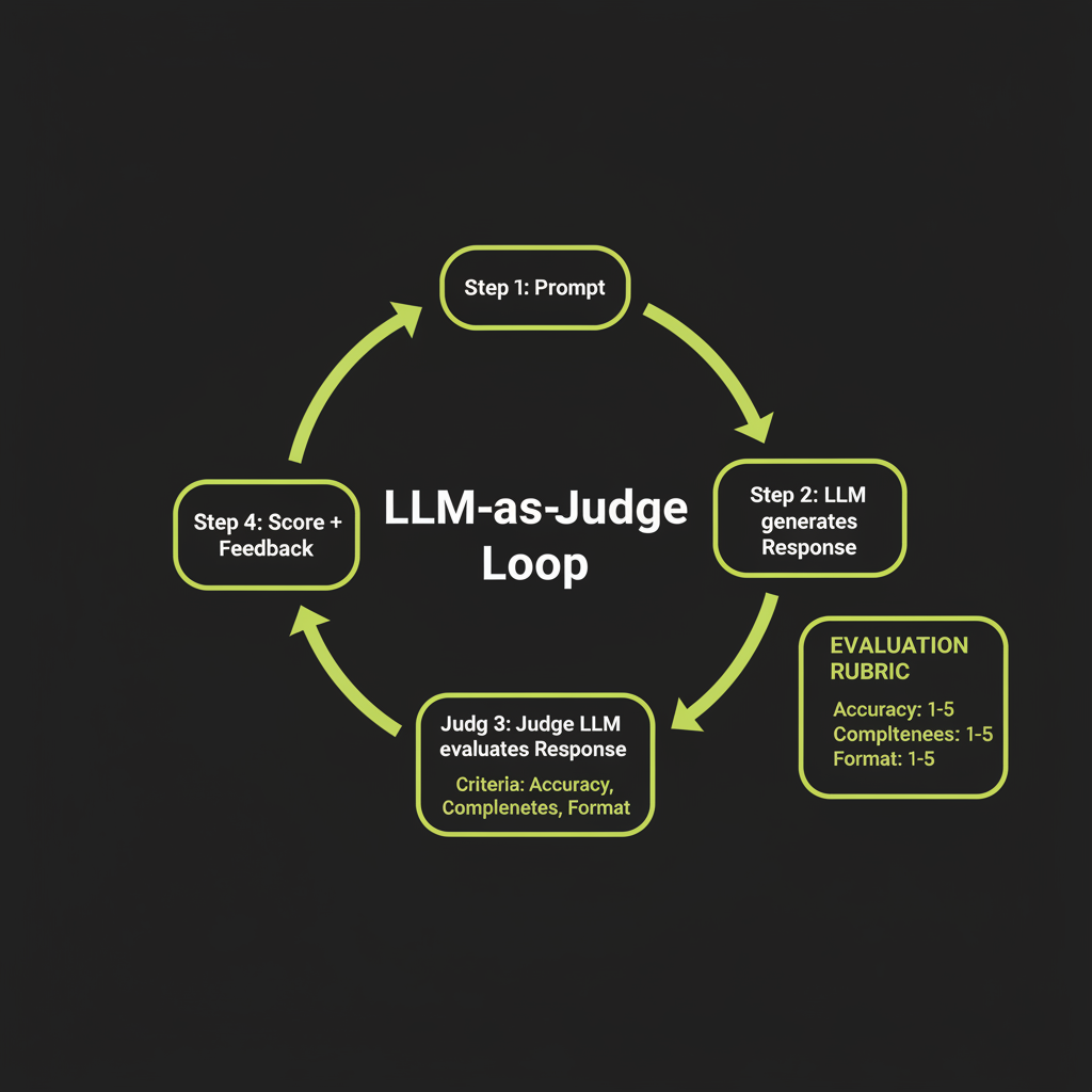 LLM-as-Judge loop diagram: prompt flows to response, then to evaluation, then to score, with feedback arrows showing iterative improvement
