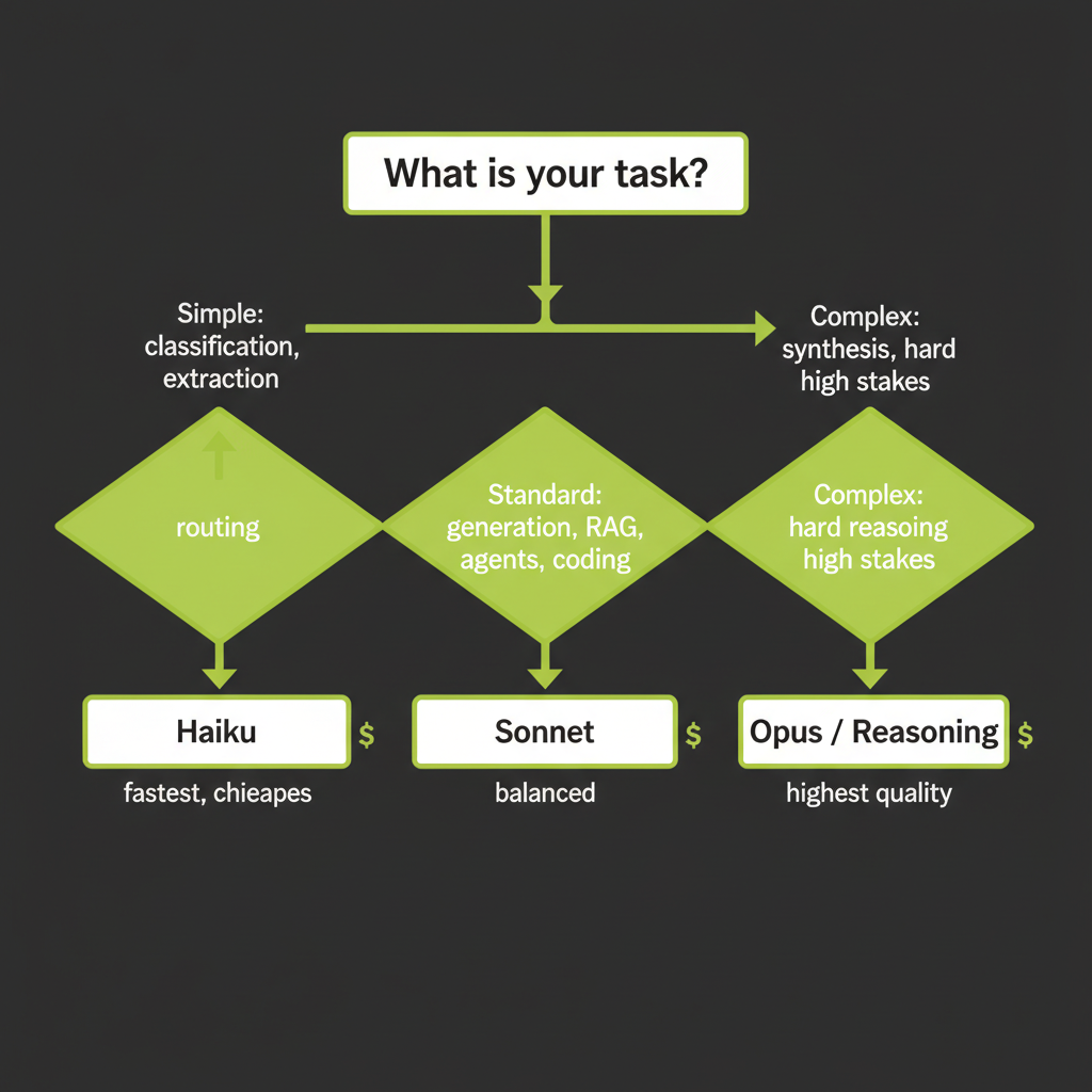 Model selection decision tree: task type flowing from Haiku through Sonnet to Opus/Reasoning based on task complexity and quality requirements