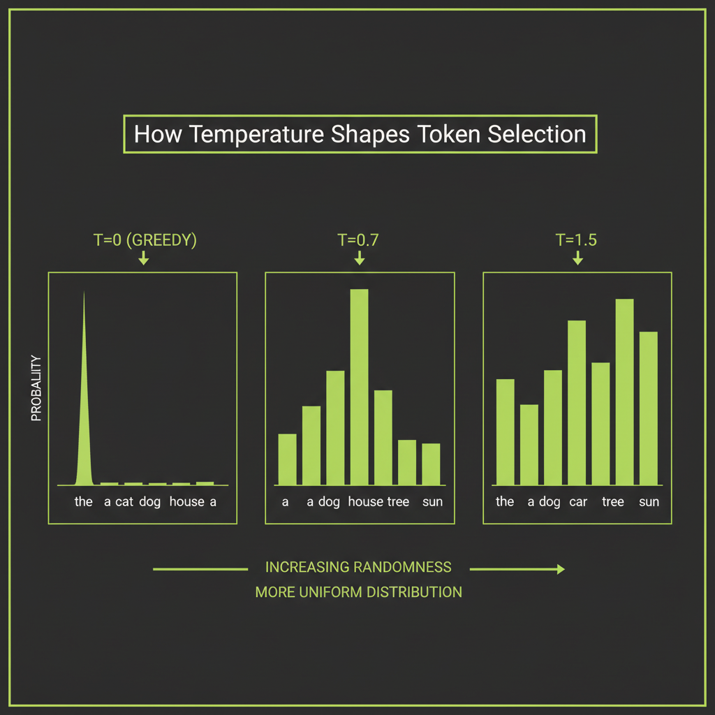 Temperature effect visualization: probability distribution at T=0, T=0.7, T=1.5 for same logits, showing how distribution sharpens or flattens