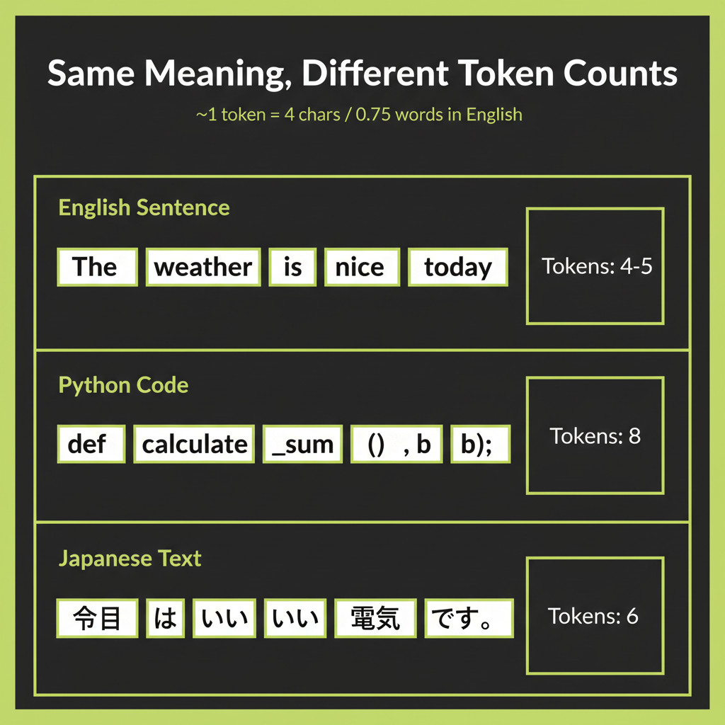 Tokenization explorer showing the same sentence in English, Python code, and Japanese with token count comparison