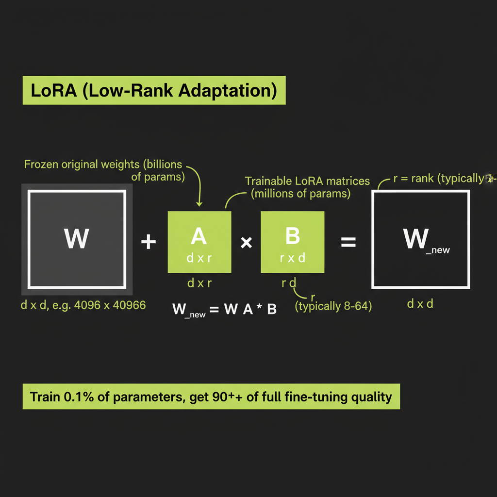 LoRA diagram: original weight matrix with low-rank decomposition overlay showing how only the small matrices are trained