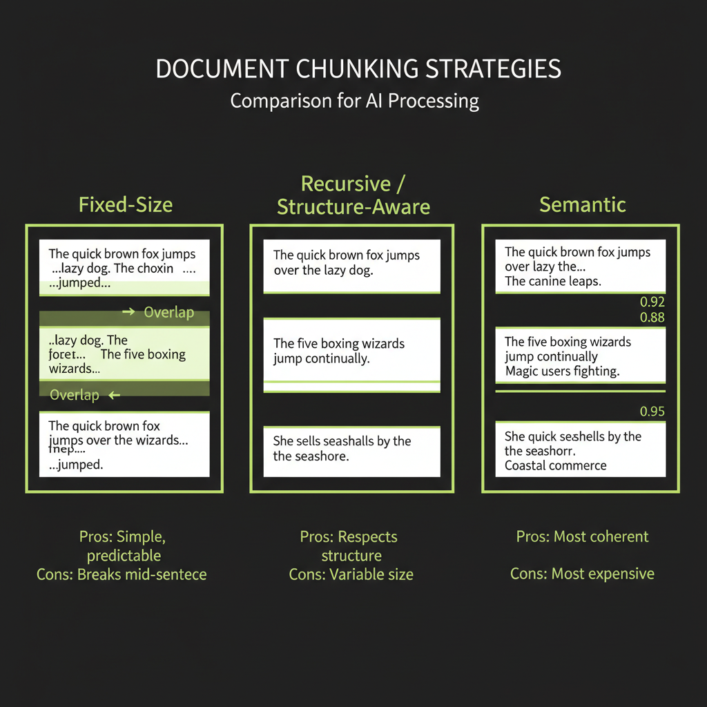 Three chunking strategies comparison: fixed-size, recursive, and semantic side-by-side document splits with pros and cons