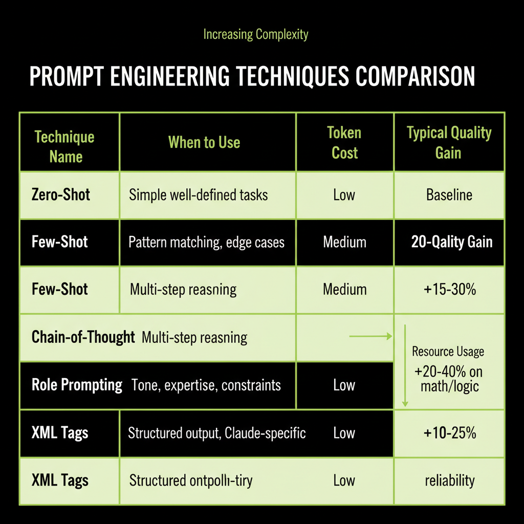 Five prompt engineering techniques comparison table showing technique name, when to use, token cost, and typical quality gain
