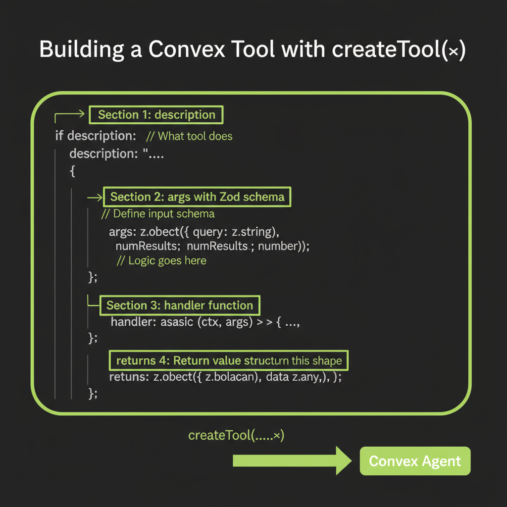 createTool() structure: annotated code showing description, Zod args schema, and handler function receiving ctx and args