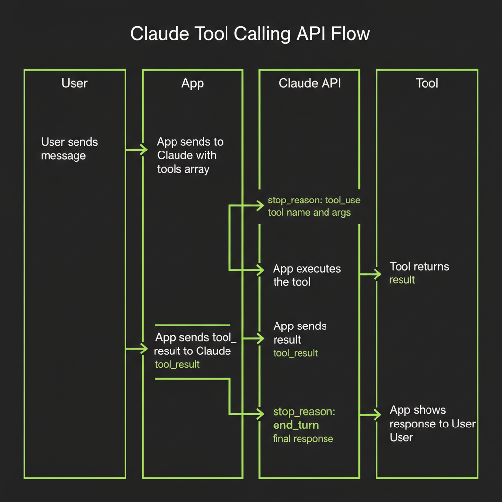 Tool calling API sequence diagram: user message to Claude, Claude returns tool_use, app executes tool, tool_result sent back, Claude responds with end_turn