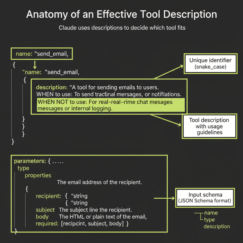 Tool description anatomy: annotated code showing name field, description with WHEN and WHEN NOT clauses, and parameters with descriptions