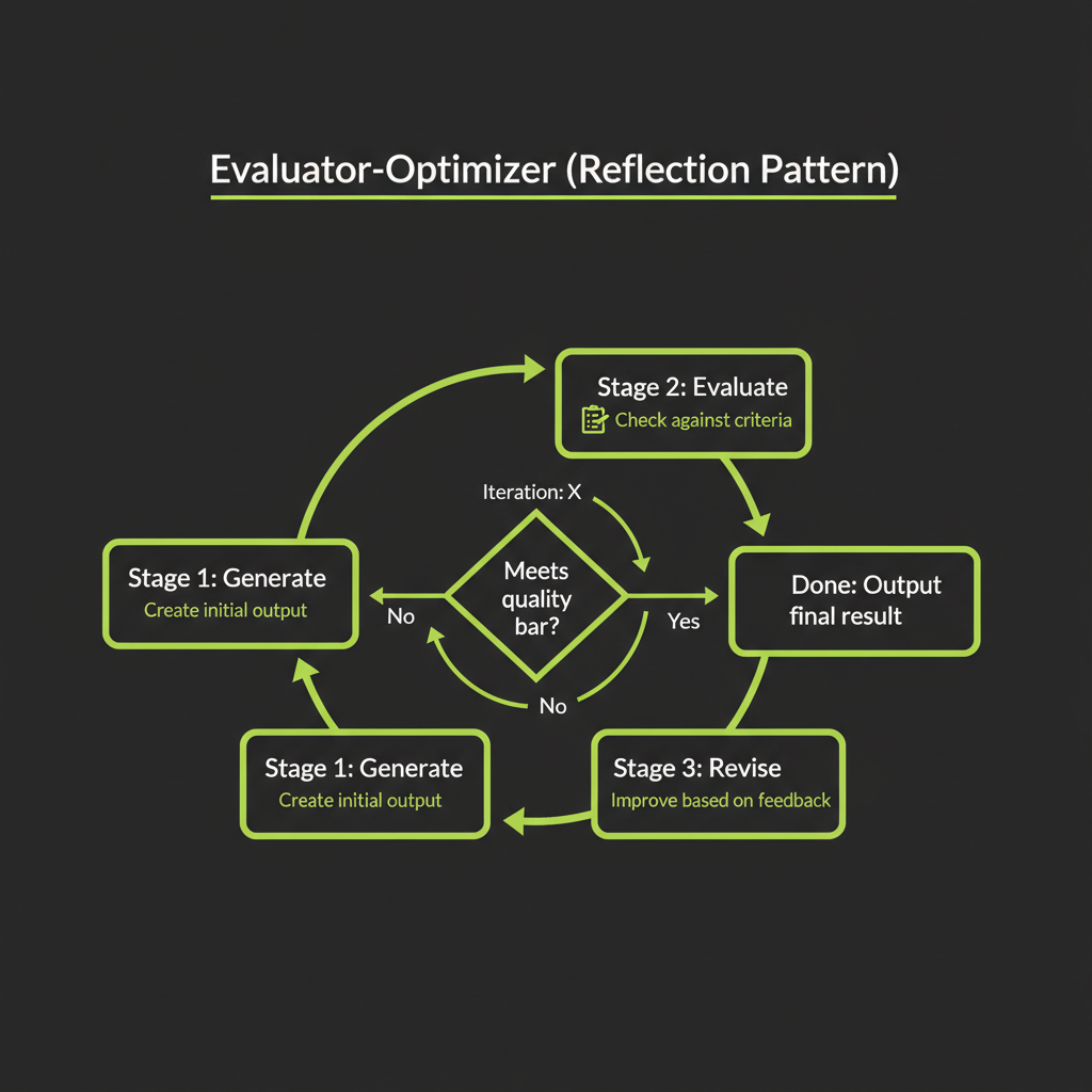 Evaluator-optimizer loop: generate step produces output, evaluate step checks against criteria, revise step improves based on feedback, threshold check determines done or continue