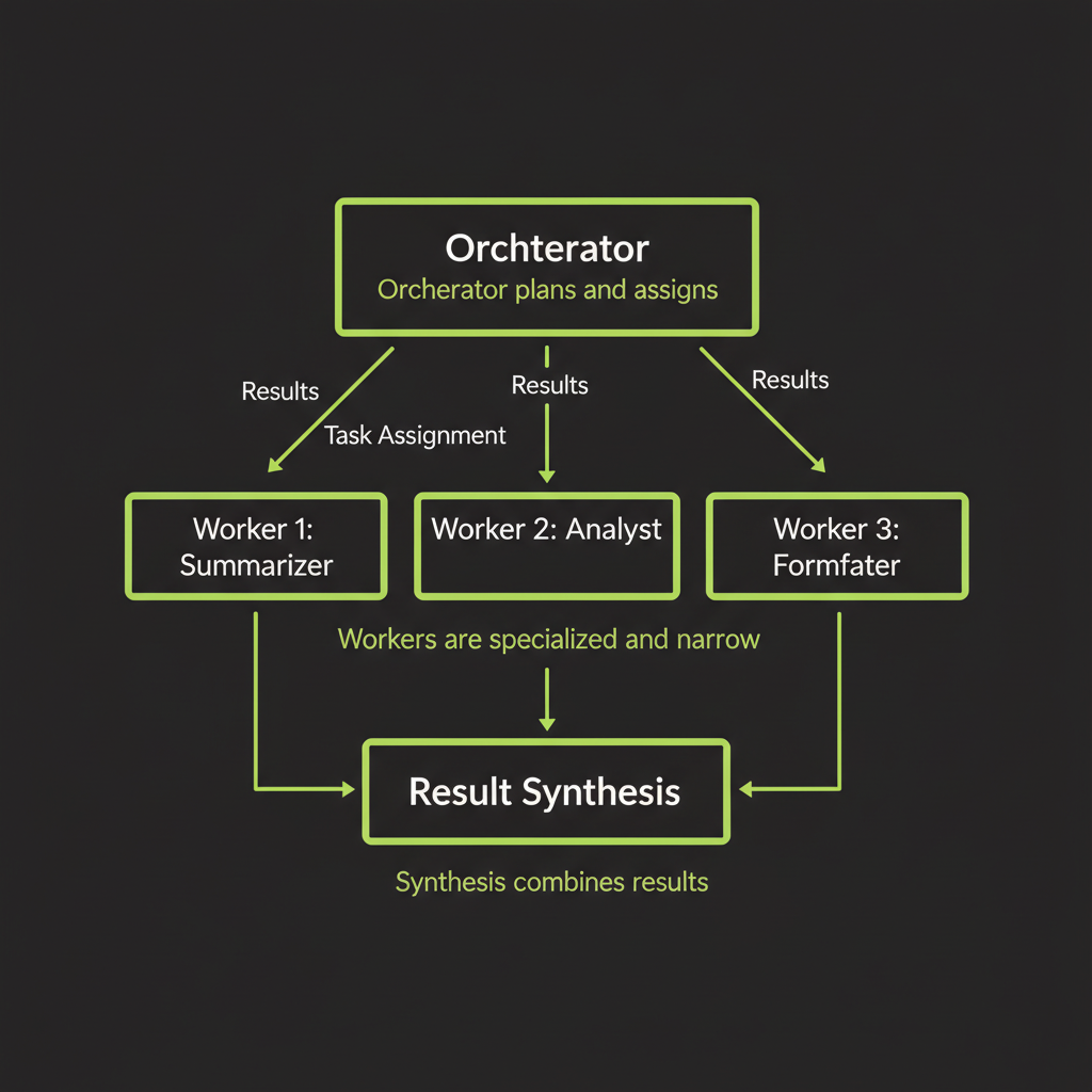 Orchestrator-worker architecture: central orchestrator hub connected to multiple worker agents, with result synthesis at the bottom