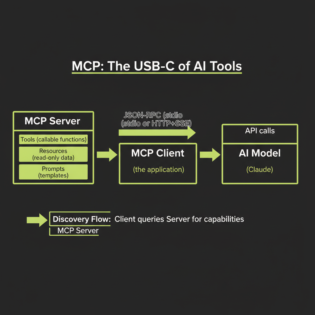 MCP architecture overview: MCP server exposing tools, resources, and prompts connected to MCP client connected to AI model