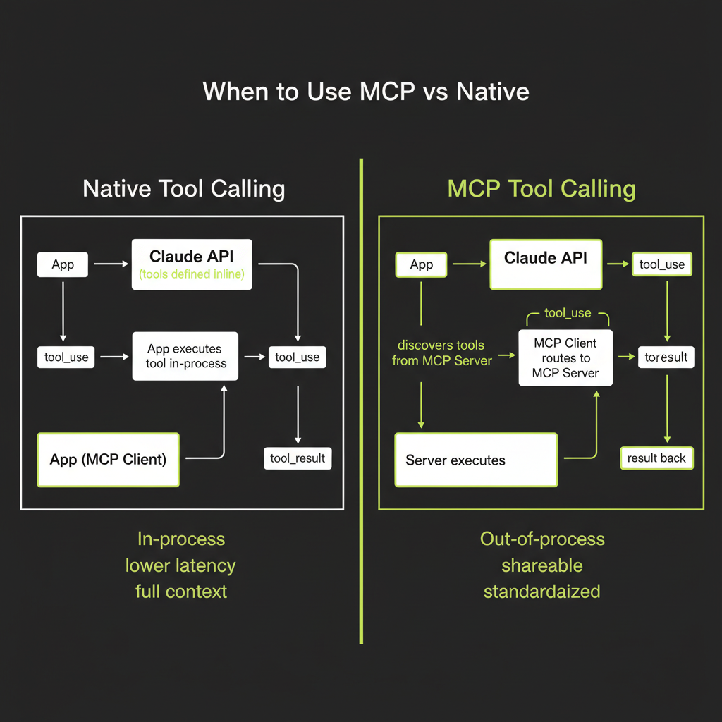 MCP vs native tool calling: side-by-side flow diagrams showing in-process native calling versus out-of-process MCP calling with standardized protocol