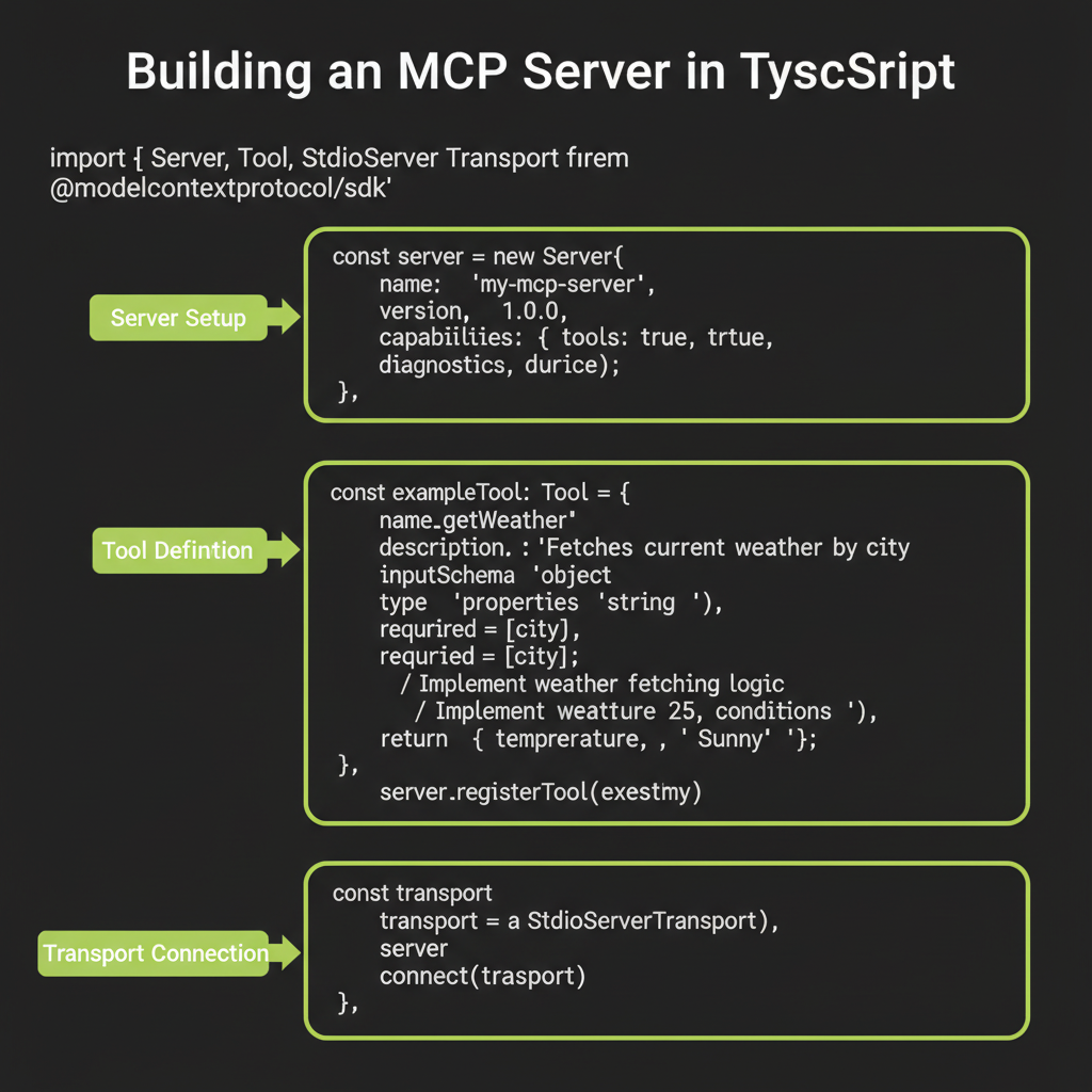 TypeScript MCP server structure: annotated code showing server setup, tool definition with handler, and stdio transport connection