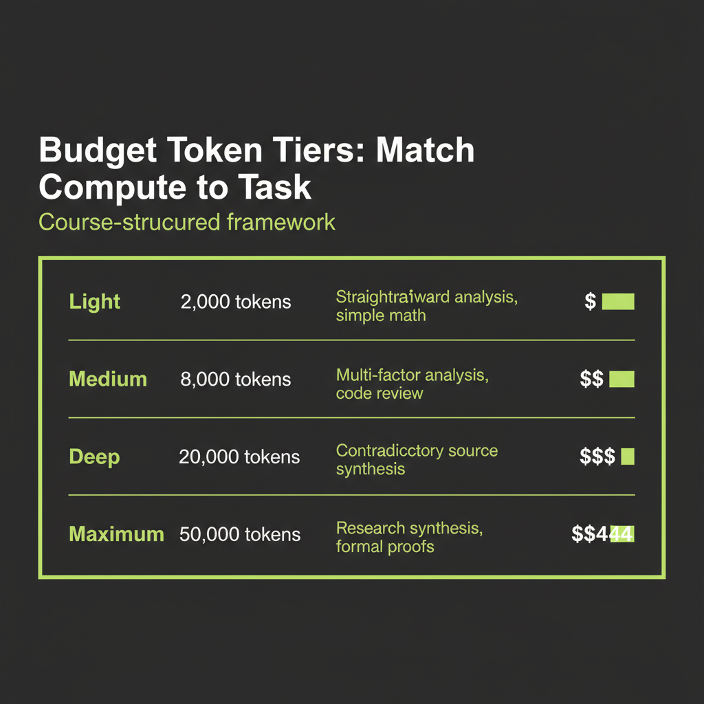 Budget token tier table: four tiers with use cases, token counts, and cost indicators showing light through maximum reasoning