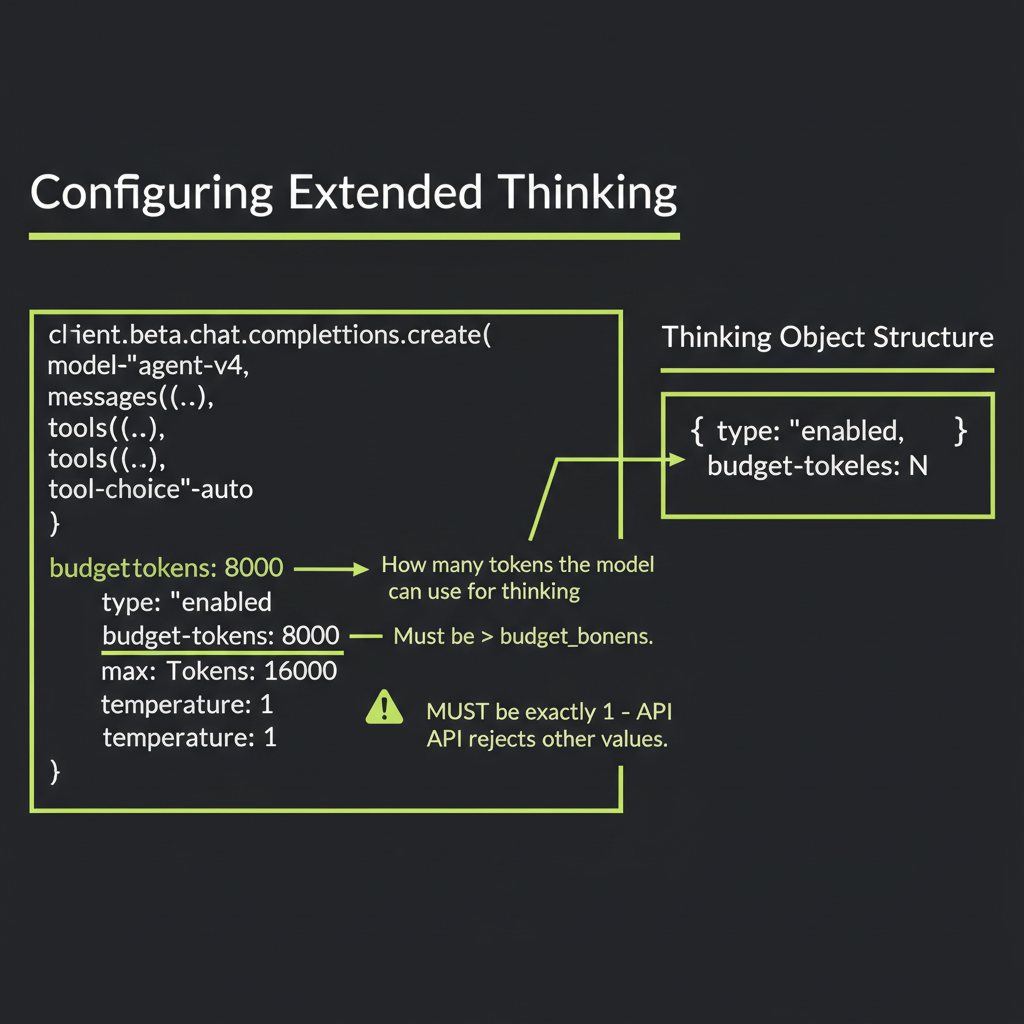 Extended thinking API configuration: annotated code showing budget_tokens, max_tokens, and temperature parameters
