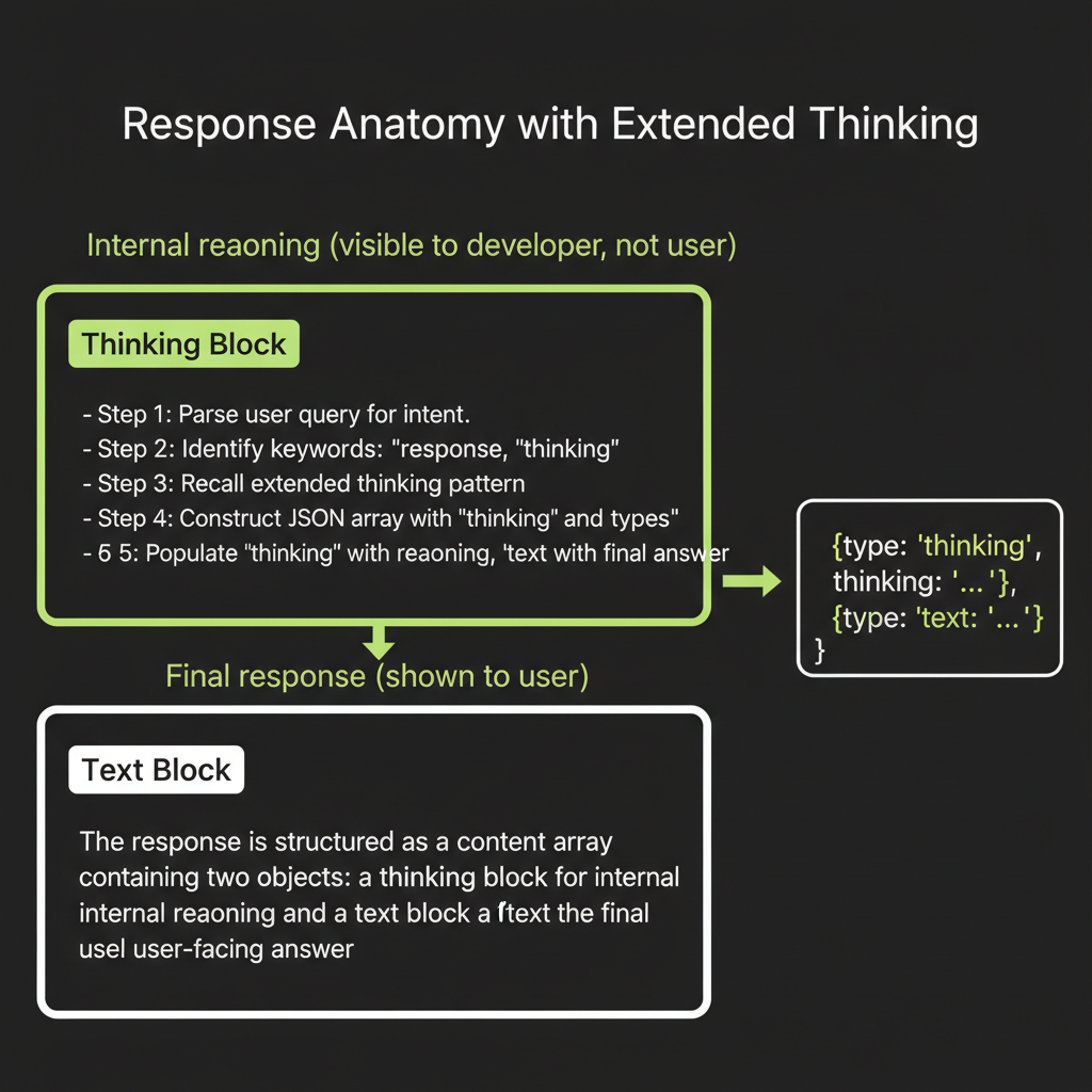 Thinking block structure: response anatomy with thinking blocks and text blocks labeled, showing the two-part response format