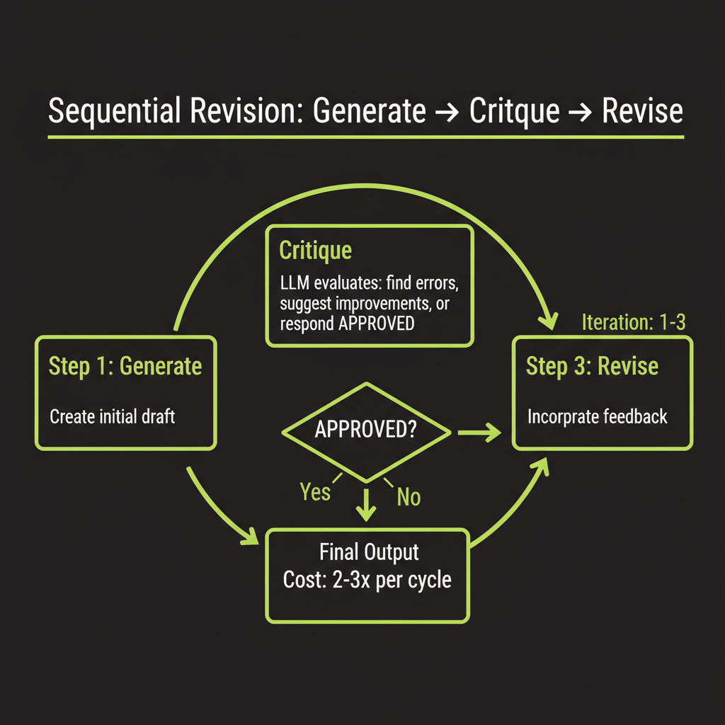 Sequential revision loop: generate, critique, revise, threshold check, then done or continue cycle