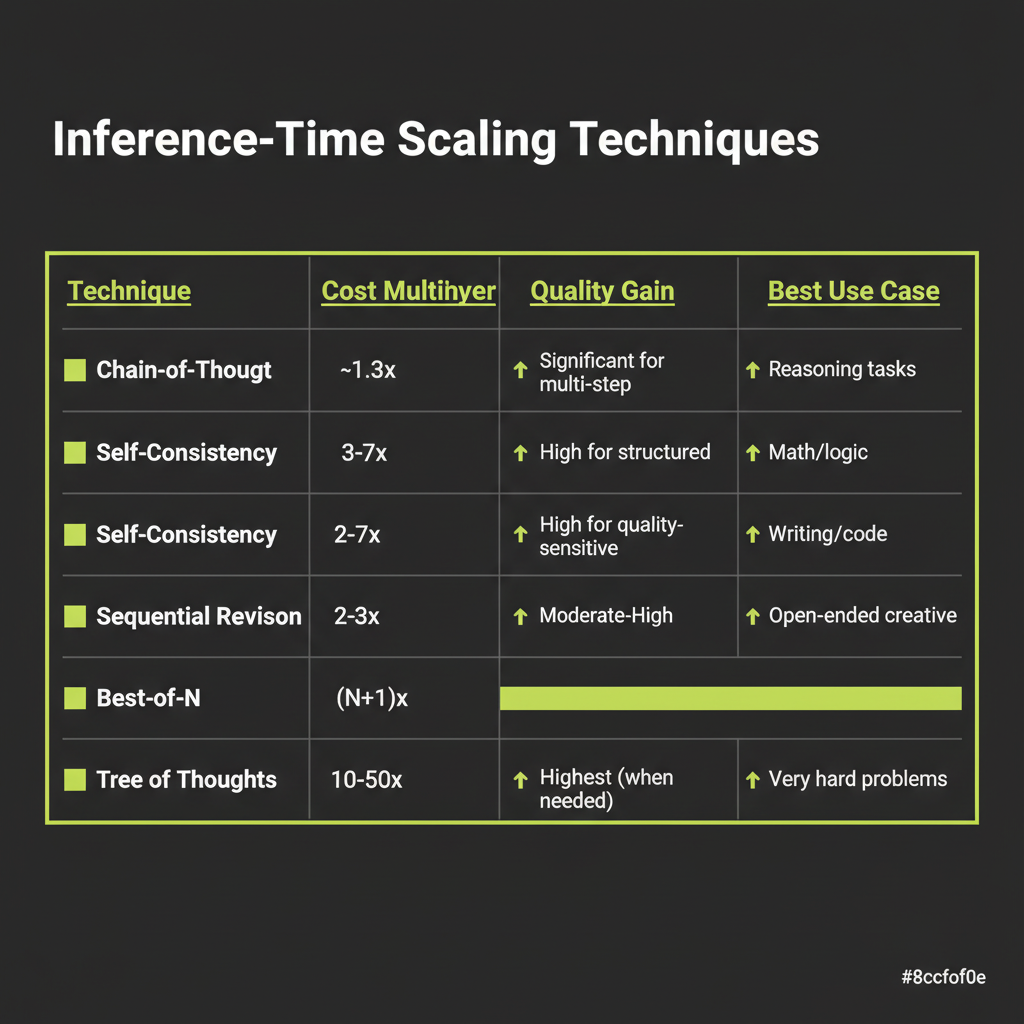 Technique comparison table: name, cost multiplier, quality gain profile, and best use case for five inference-time scaling techniques
