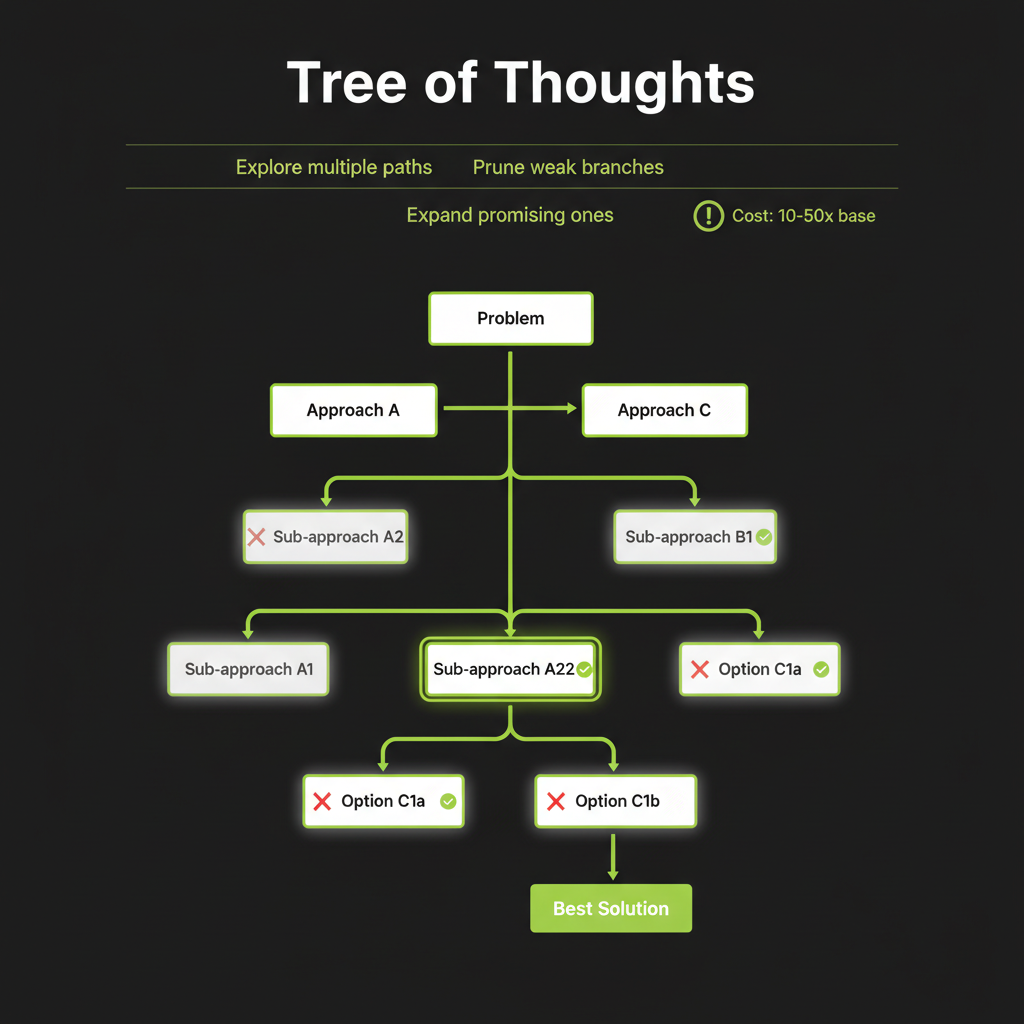 Tree of Thoughts branching diagram: problem node splitting into paths, with pruning of weak branches and expansion of promising ones