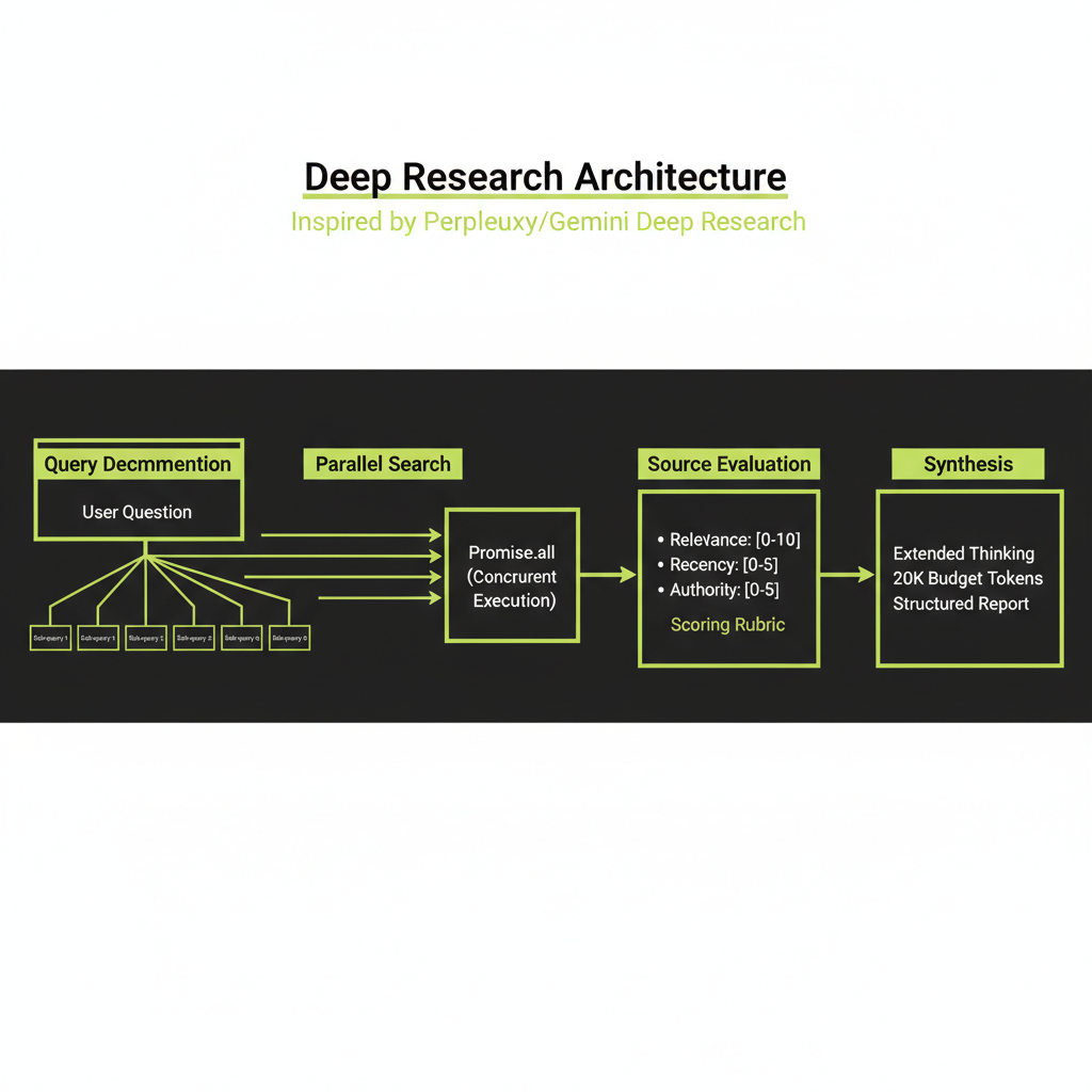 Deep research architecture: 4 stages with data flow showing query decomposition, parallel search, source evaluation, and synthesis