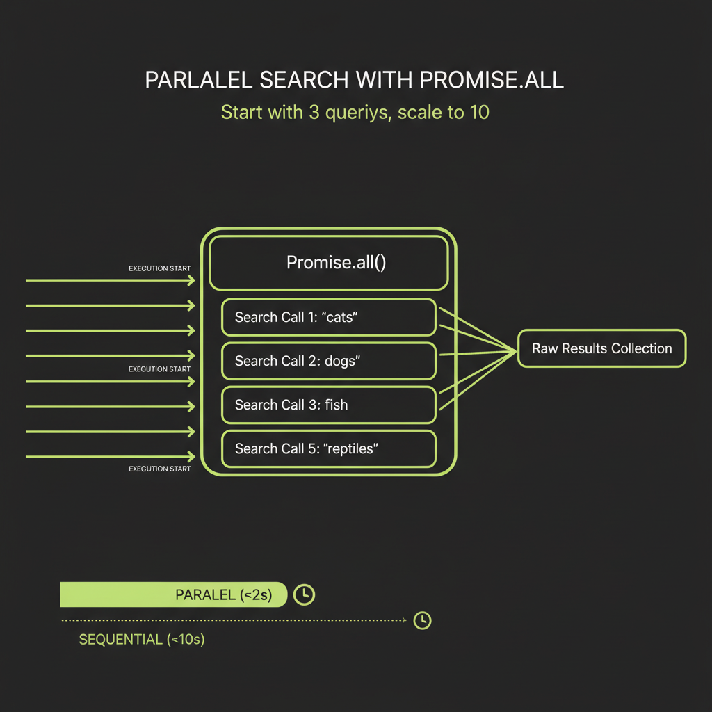 Parallel search execution: Promise.all with N search calls firing simultaneously and result aggregation