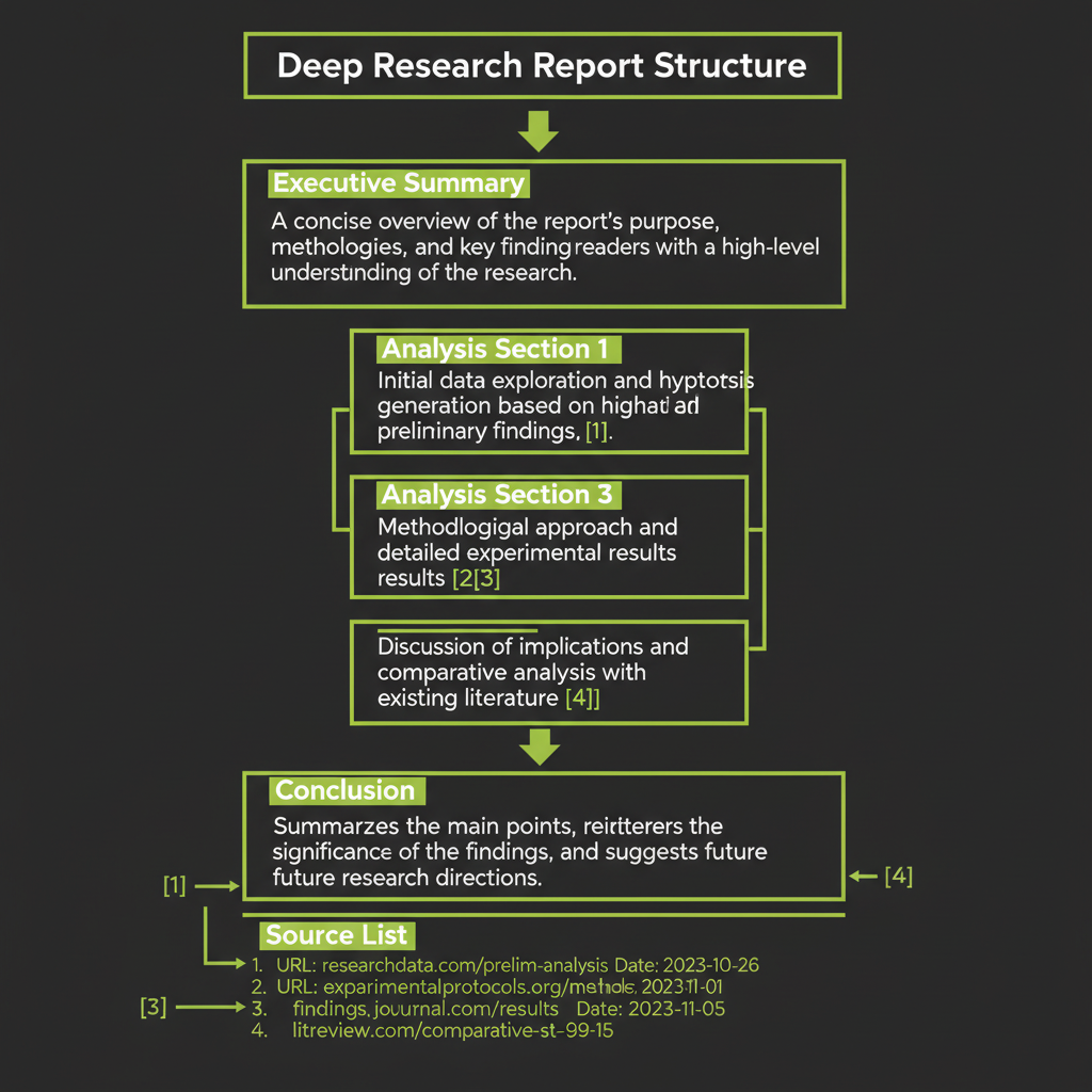 Final report structure layout: title, executive summary, analysis sections with citations, and source list