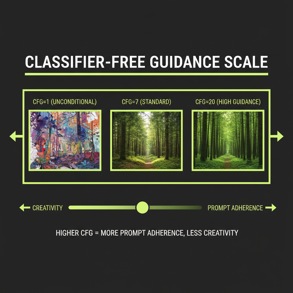 CFG visualization: spectrum from unconditional generation through standard guidance to high guidance, showing the tradeoff between creativity and prompt adherence