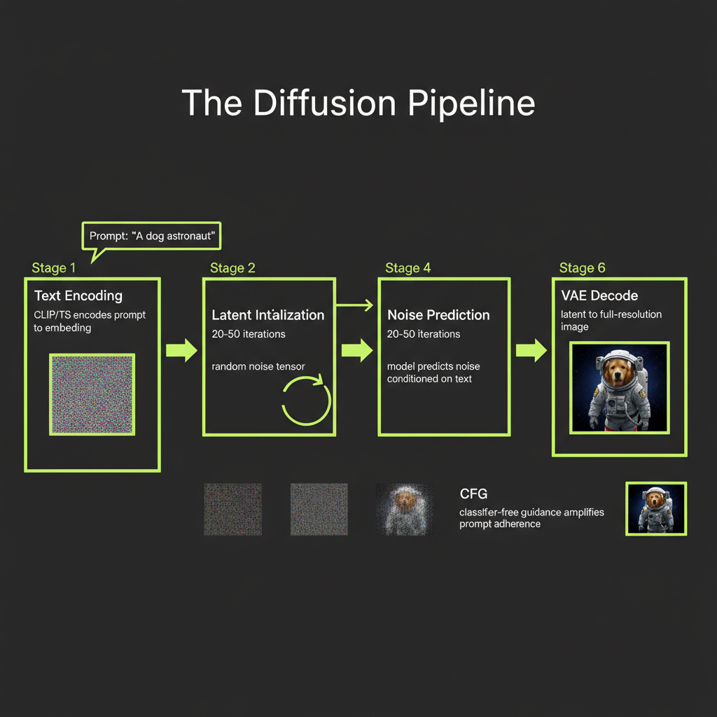 Diffusion pipeline: 6-stage flow diagram from text encoding through latent initialization, denoising loop, noise prediction, CFG, to VAE decode and final image