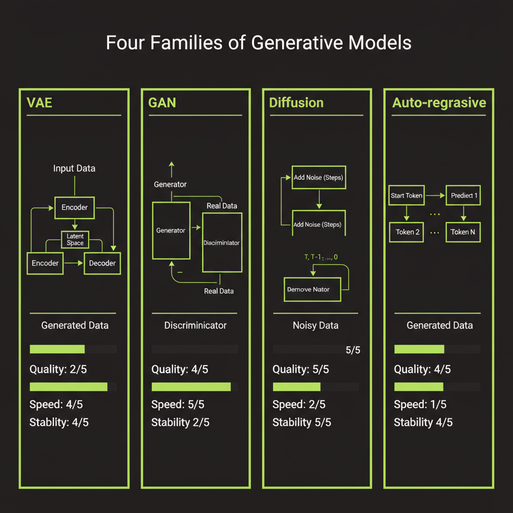 Four generative model families comparison: VAE, GAN, Diffusion, and Auto-regressive shown with quality, speed, and stability ratings