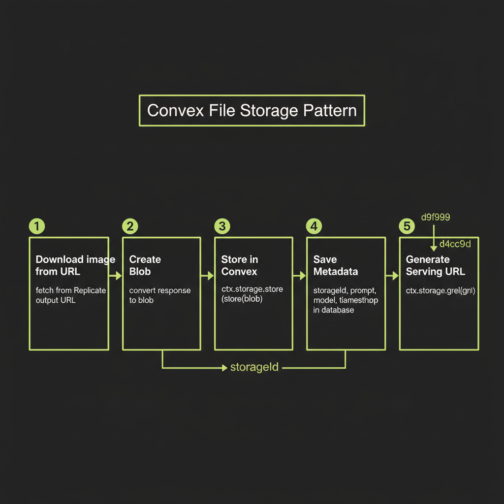 Convex file storage flow: download image, create blob, store in Convex, save metadata, generate serving URL