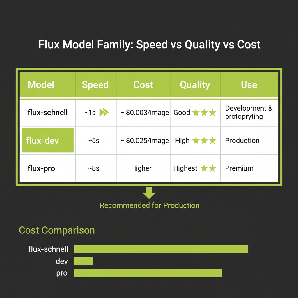 Flux model family comparison: schnell vs dev vs pro showing speed, cost, and quality matrix
