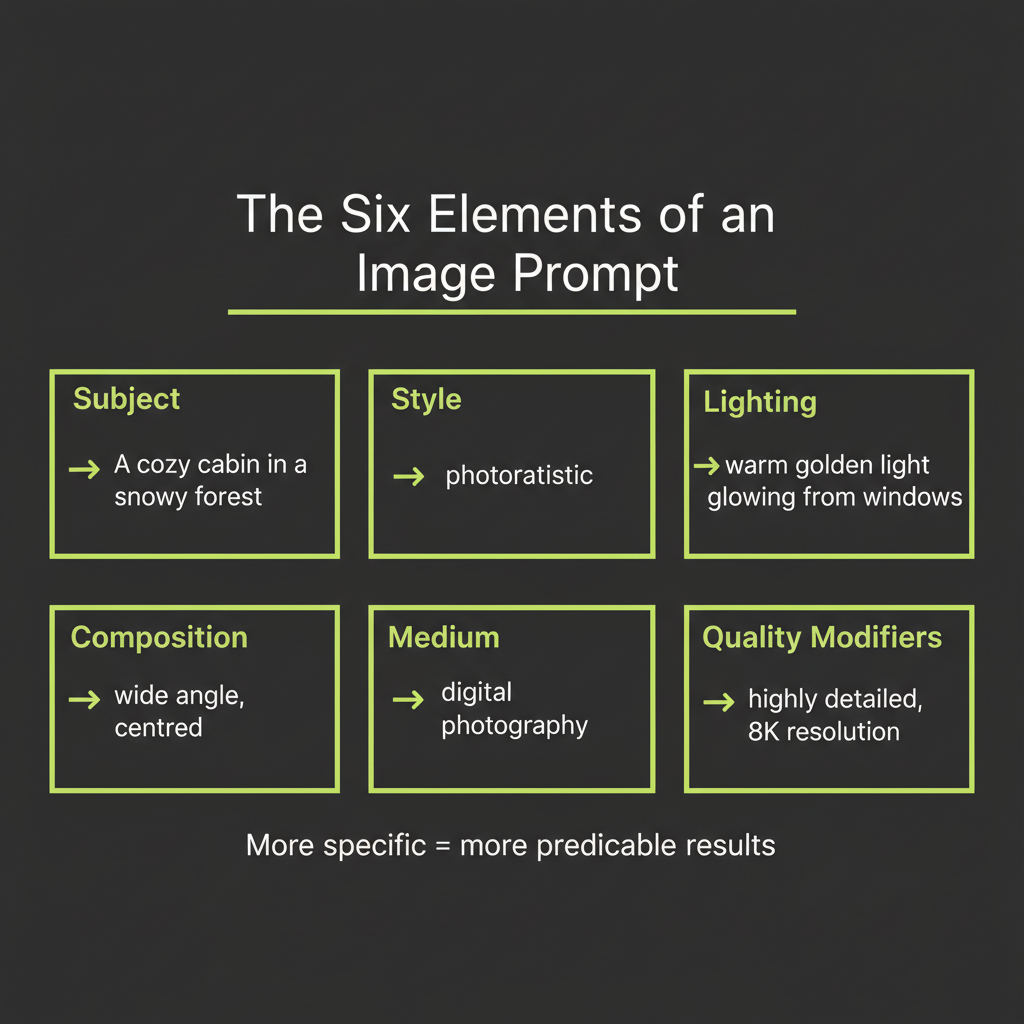 Image prompt anatomy: six elements labeled on an example prompt showing subject, style, lighting, composition, medium, and quality modifiers