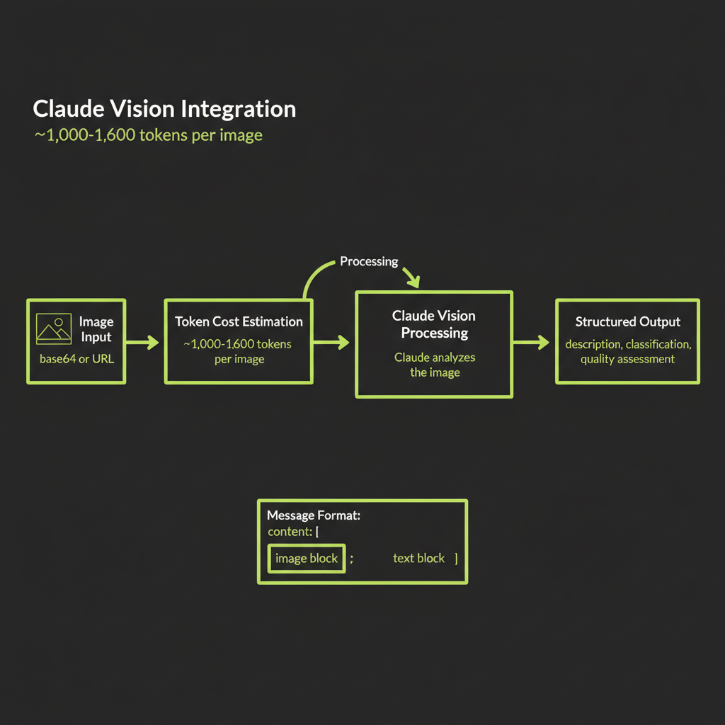 Claude Vision integration: image input to token cost estimation to Claude Vision processing to structured output