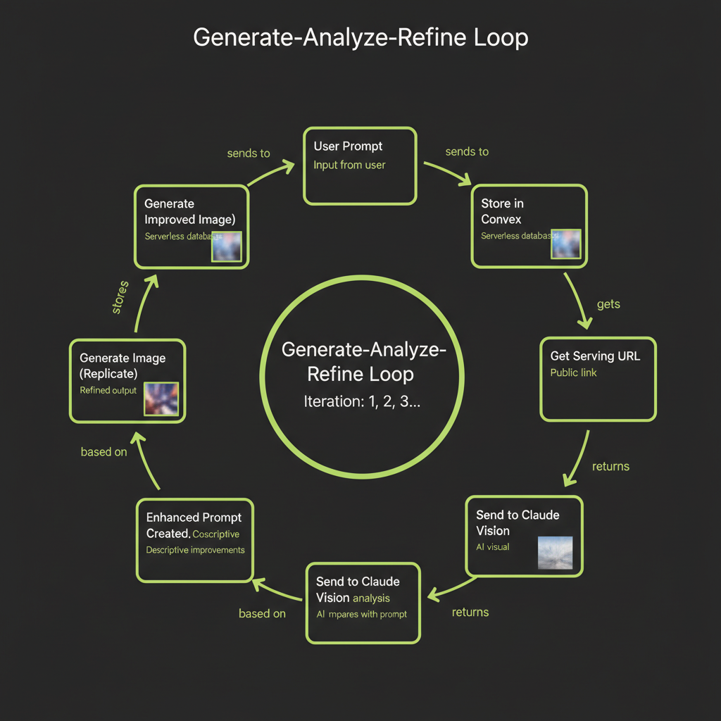 Generate-analyze-refine loop: 8-step cycle diagram showing prompt, image generation, storage, vision analysis, and prompt enhancement at each node