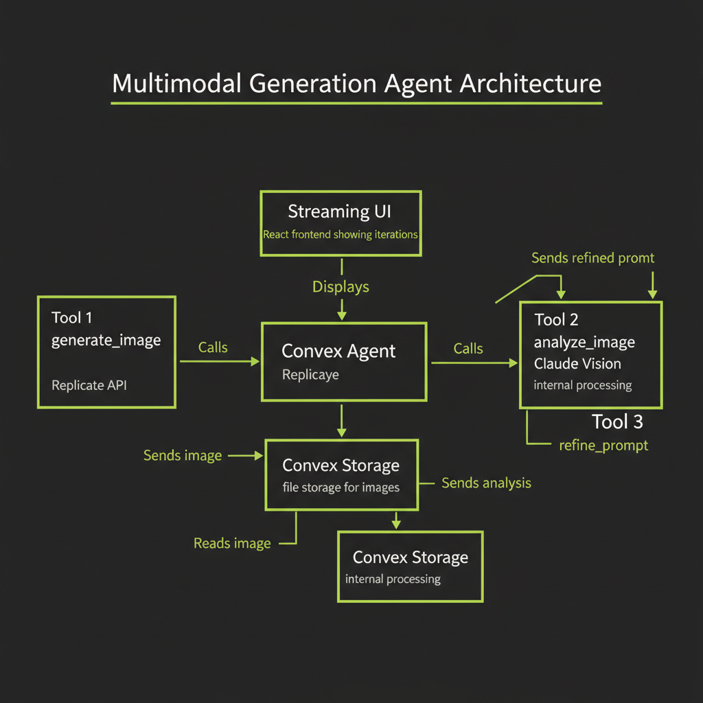 Multimodal agent architecture: agent with three tools (generate_image, analyze_image, refine_prompt) plus Convex storage and streaming UI