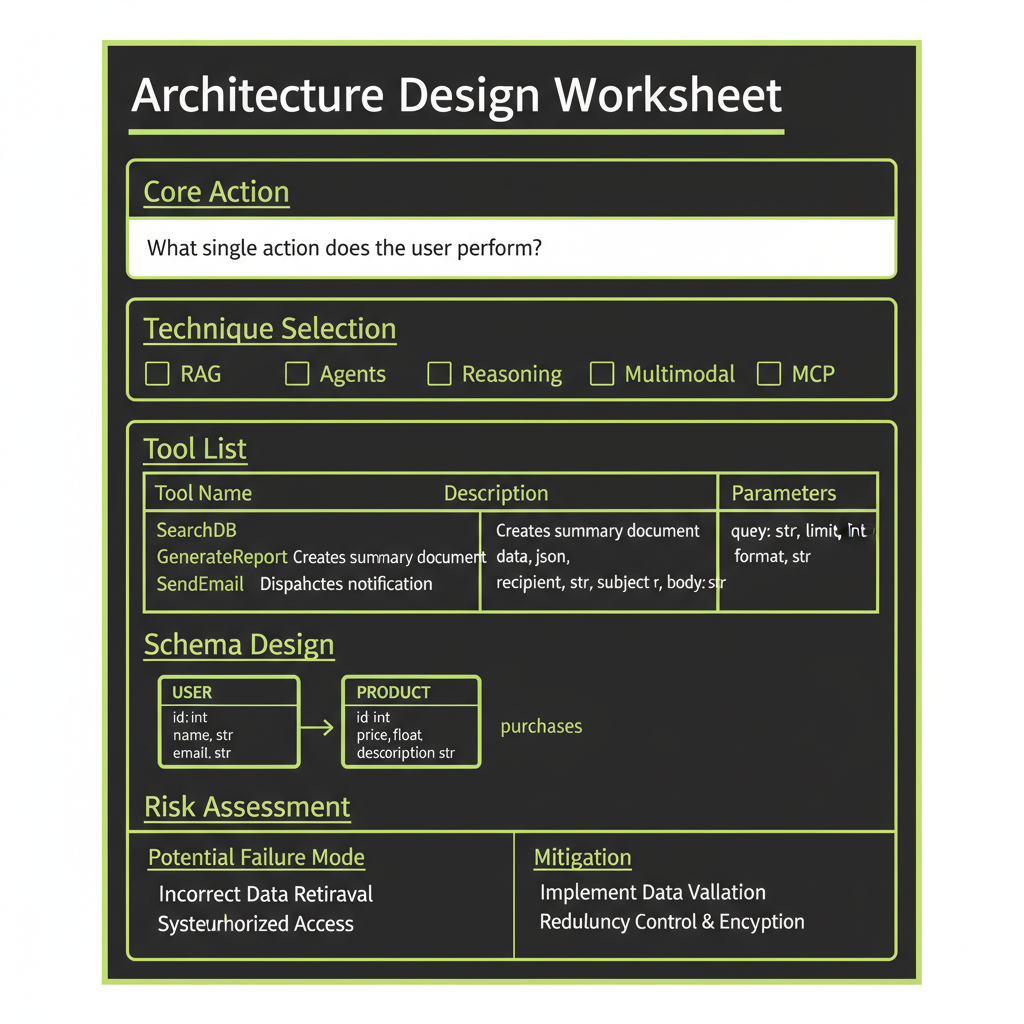 Architecture design worksheet template: structured form with sections for core action, technique selection, tool list, schema, and risk assessment