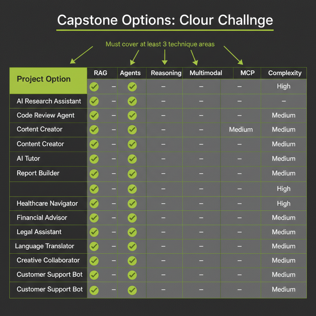 Capstone option matrix: 11 options mapped against technique coverage for RAG, Agents, Reasoning, Multimodal, and MCP